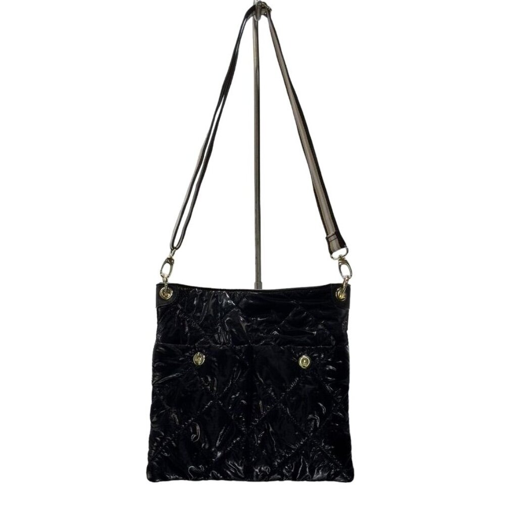 Sondra Roberts Women's Squared Quilted Puffer Black Patent Look Crossbody Bag